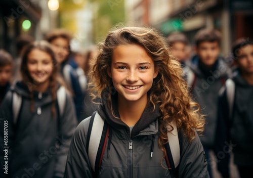 Collegiate Unity: College Girls and Boys, Clad in Jackets and Matching College Bags, Embrace Their Natural Hair with Smiles as They Face the Camera Against a Background of Fellow Students  © Talha