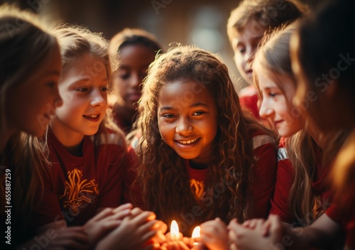 Harmony in Diversity: Multicultural Schoolgirls in Red Uniforms, Radiantly Smiling as They Stand Around the Center Candles, Amidst a Softly Blurred Background 