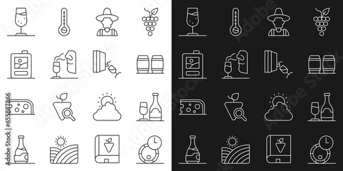 Set line Wooden barrel for wine, Wine bottle with glass, Farmer the hat, Sommelier, Cardboard box of, and tasting, degustation icon. Vector