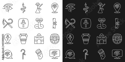 Set line Eye of Horus, Egyptian pharaoh, Papyrus scroll, Hookah, Cross ankh, Crook and flail, and Snake icon. Vector
