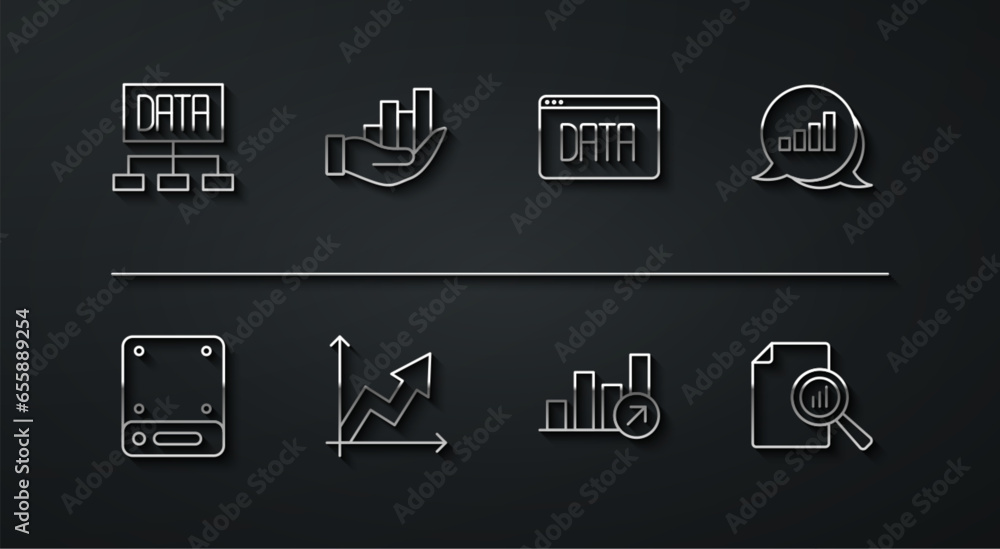 Set line Data analysis, Server, Pie chart infographic, Financial growth, Document with and icon. Vector Set line Data analysis, Server, Pie chart infographic, Financial growth, Document with and icon. Vector