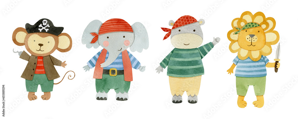 Set of animals in pirate costumes. Isolated cute animals. Watercolor illustration.