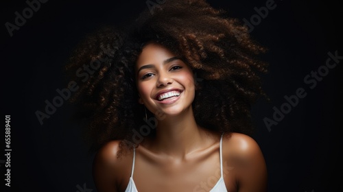 Beauty portrait of African American girl with smooth healthy skin, happy smiling, beauty and cosmetics advertising concept, black woman in studio clear lighting, AI generative