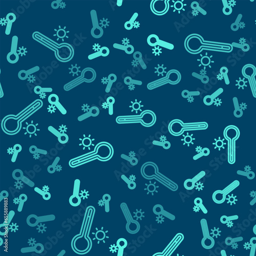 Green line Meteorology thermometer measuring heat and cold icon isolated seamless pattern on blue background. Thermometer equipment showing hot or cold weather. Vector