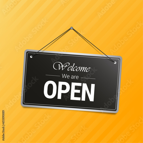 We are open sign hanging vector banner with gradient background