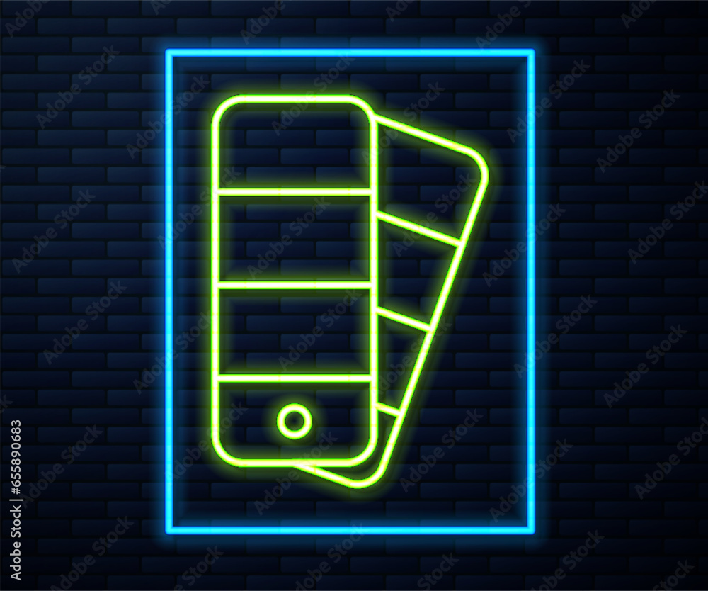Glowing neon line Color palette guide icon isolated on brick wall background. Vector Glowing neon line Color palette guide icon isolated on brick wall background. Vector