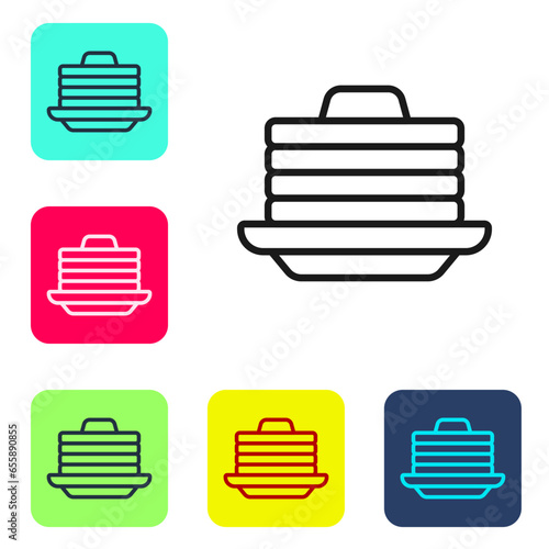 Black line Stack of pancakes with honey icon isolated on white background. Breakfast concept. Set icons in color square buttons. Vector