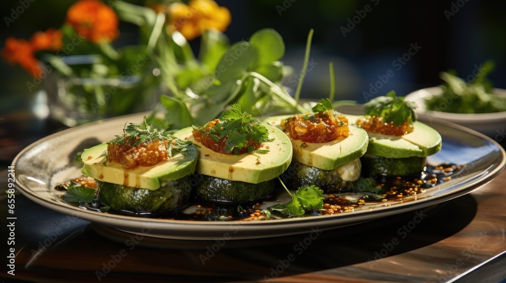 delicious tapas from molecular cuisine, avocado. restaurant dish. snacks. delicious tapas from molecular cuisine, avocado. restaurant dish. snacks.