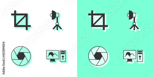 Set Photo retouching, Picture crop photo, Camera shutter and Softbox light icon. Vector