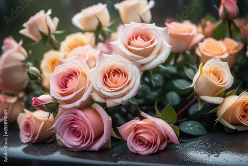 bouquet of roses at rainy funeral cemetery with bokeh