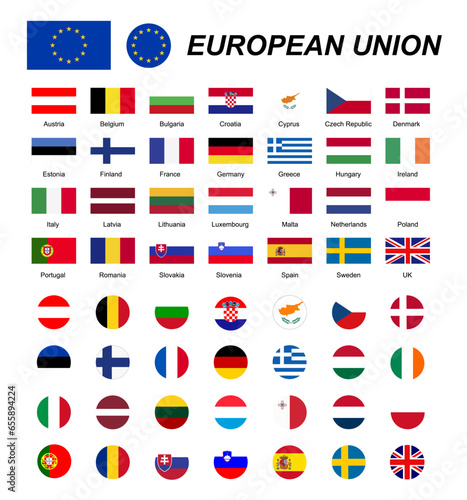 European union member countries flags isolated on transparent background with names. flag icons in rectangular and round shape. vector EPS 10