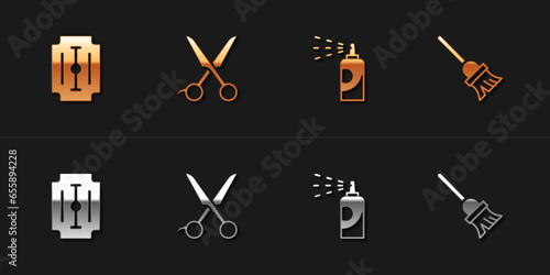 Set Blade razor, Scissors hairdresser, Spray can for hairspray and Mop icon. Vector