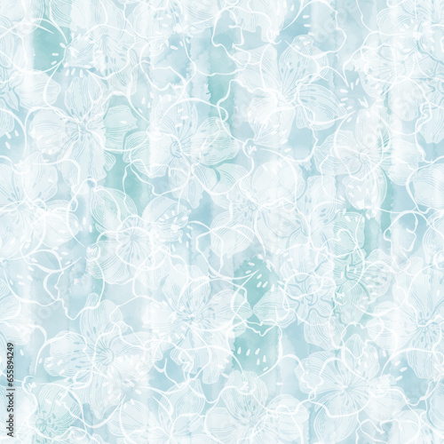 Floral seamless pattern with blossoming flowers of jasmine on a blue watercolor background. Vector illustration. Perfect for design templates, wallpaper, wrapping, fabric and textile.