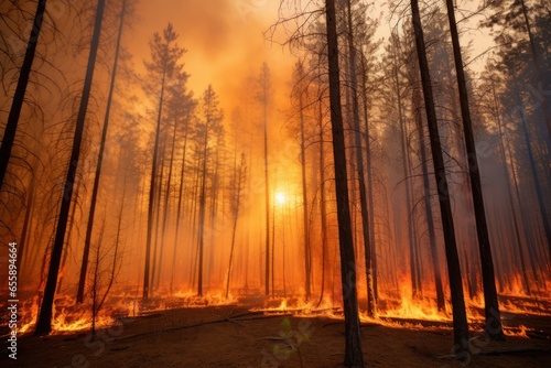 Dry summers and forest fires. A burning coniferous forest. Disaster for animals and disruption of ecosystems. © Stavros