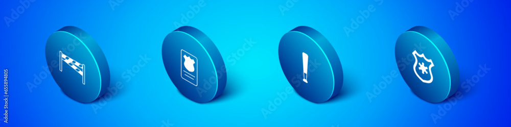 Set Isometric Crime scene, Baseball bat, Police badge and with id case icon. Vector Set Isometric Crime scene, Baseball bat, Police badge and with id case icon. Vector
