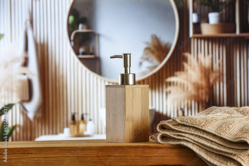 Table background and bathroom interior. Free space for your products. Home interior. Boho style. Table background and bathroom interior. Free space for your products. Home interior. Boho style.
