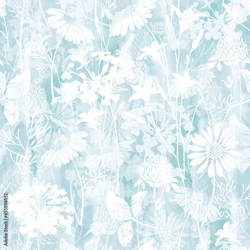 Seamless pattern with meadow flowers on blue watercolor background.  Monochrome vector hand-drawn illustration. Perfect for design templates, wallpaper, wrapping, fabric and textile.