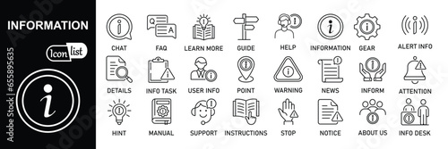 Information simple minimal thin line icons. Containing info, help, inform, support, news, about us. Vector illustration.