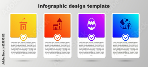 Set Church sermon tribune, building, Easter egg and Christian cross with globe. Business infographic template. Vector