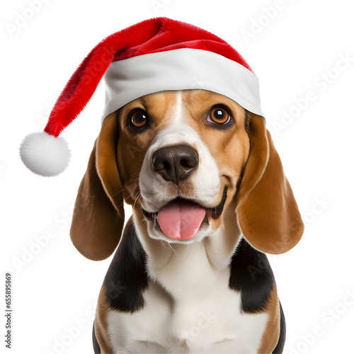 Beagle dog Wearing a Christmas Hat Isolated on Transparent Background PNG © John