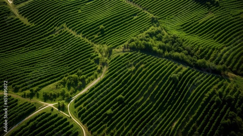 Aerial view of verdant vineyards forming geometric patterns in the Tuscan countryside. beautiful green hillside. generative AI