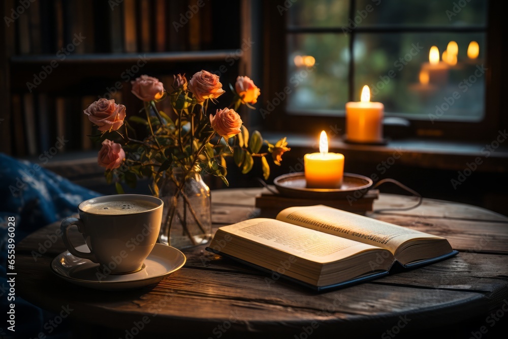 Capture the essence of a perfect moment with this cozy photo of a steaming cup of coffee next to an engrossing book. Ideal for cafes, bookstores, and lifestyle blogs. - obrazy, fototapety, plakaty 