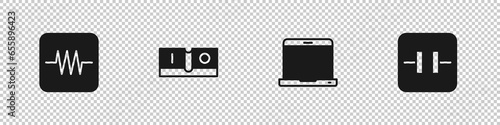 Set Resistor in electronic circuit, Electric light switch, Laptop and Electrolytic capacitor icon. Vector