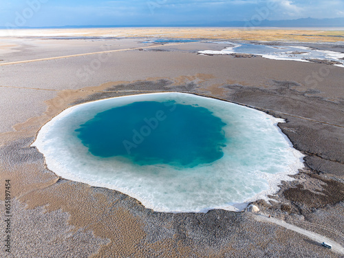 blue salt lake in the desert in Qinghai province, China