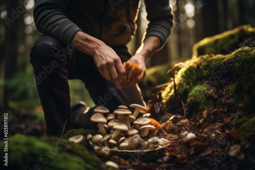 Person foraging for wild mushrooms in the Slovenian forests, highlighting the connection to nature in Slovenian cuisine. Generative Ai