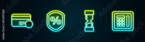 Set line Credit card remove, Loan percent, Old hourglass and Safe. Glowing neon icon. Vector