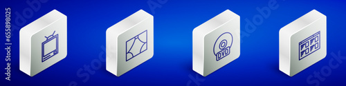 Set Isometric line Retro tv, Curtain, CD or DVD disk and Online play video icon. Vector