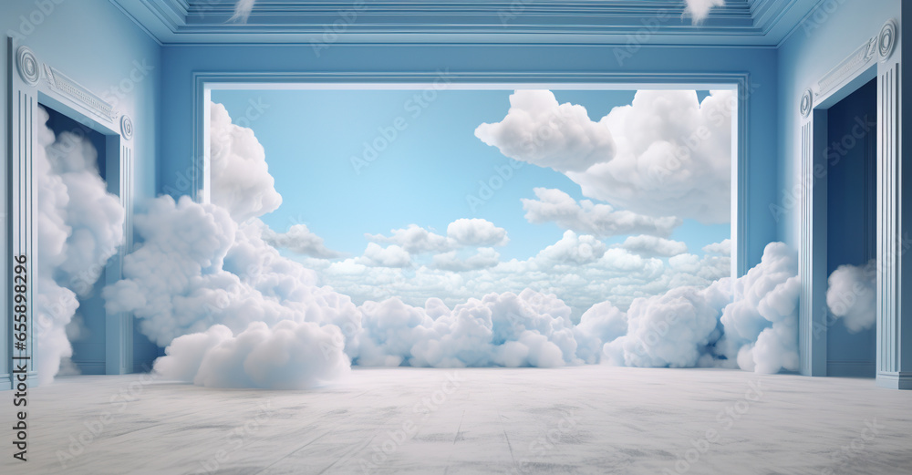 Generative AI, White blue fantastic 3d clouds in the room interior, sky and landscape. Gentle colors and with bright lights..	 - obrazy, fototapety, plakaty 
