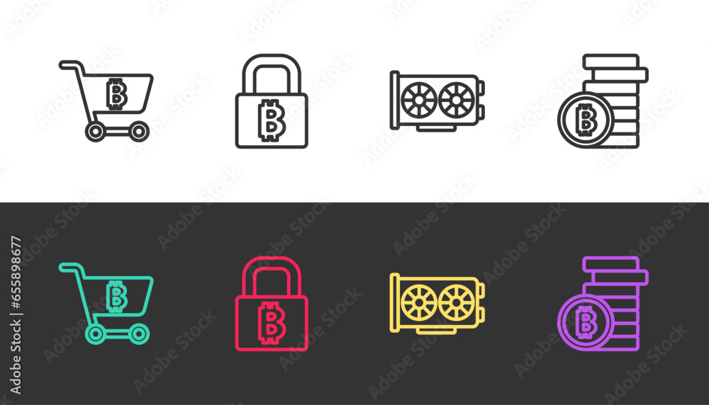 Set line Shopping cart with bitcoin, Lock, Video graphic card and Bitcoin on black and white. Vector Set line Shopping cart with bitcoin, Lock, Video graphic card and Bitcoin on black and white. Vector