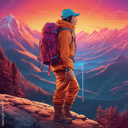 man traveler in backpack and jacket with backpack, mountain background. man traveler in backpack and jacket with backpack, mountain background. man with backpack on mountain top
