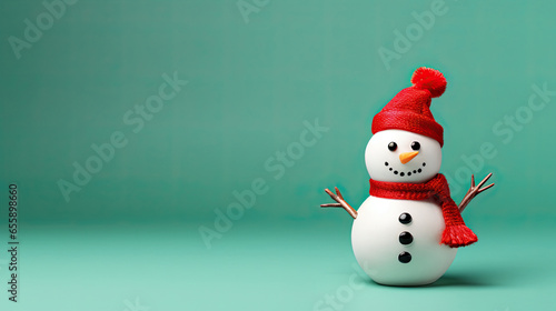 Weihnachtsbanner, Schneemann mit rotem Schal und Mütze auf türkisfarbenen Hintergrund mit Platz für Text photo