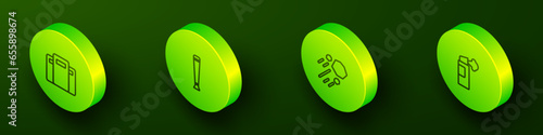 Set Isometric line Police assault shield, rubber baton, Flying stone and Pepper spray icon. Vector