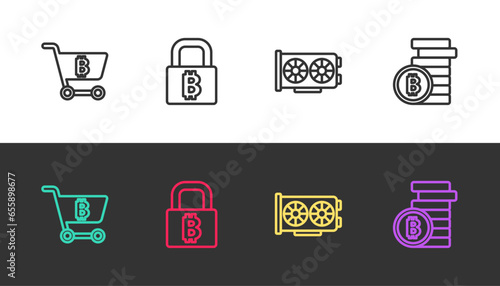 Set line Shopping cart with bitcoin, Lock, Video graphic card and Bitcoin on black and white. Vector