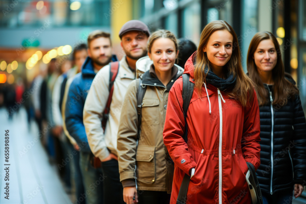 Anticipating woman waiting in line on the street for an exclusive advantage.