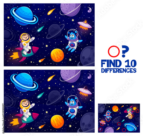 Find ten differences game, cartoon astronaut and alien in starry galaxy space, vector kids quiz. Galaxy starship and alien UFO with martian and kid spaceman in outer space worksheet to find difference