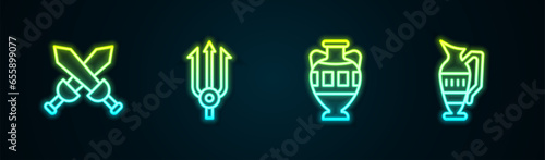 Set line Crossed medieval sword, Neptune Trident, Ancient amphorae and . Glowing neon icon. Vector