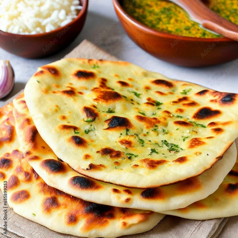 Indian naan bread with curry and rice on a white background. Indian naan bread with curry and rice on a white background.