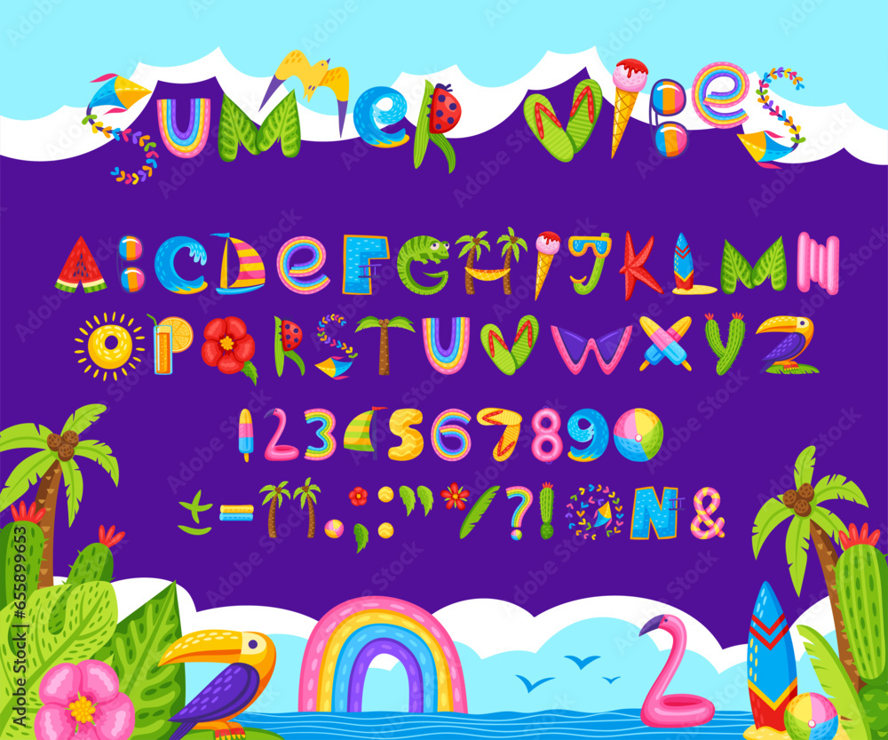 Cartoon summer font, beach party type, tropical vacation and holiday typeface, vector alphabet. Summer font typography letters of sea and jungle text, colorful rainbow ABC type of beach and palms