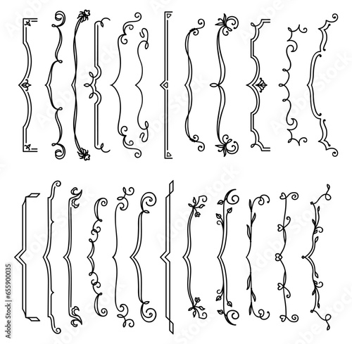 Floral wedding parenthesis borders and outline arrow decorations, vector frames and dividers. Flourish vignette borders and delimiters or separators for wedding invitation card and decoration elements