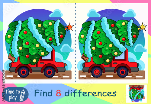 children's educational game. logic game. coloring book. find the difference. New Year. Christmas. car with Christmas tree