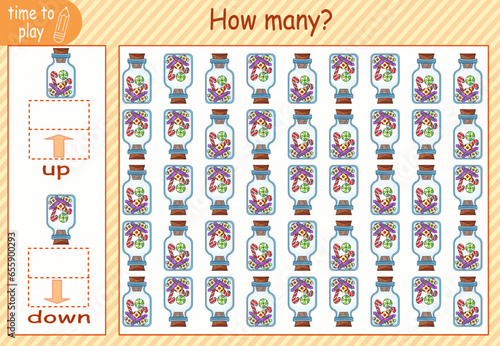 children's educational game, tasks. count how many elements will be placed on the right and how many on the left. New Year. Christmas. candy jar