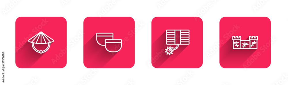 Set line Chinese conical straw hat, tea ceremony, Firework and Great wall of China with long shadow. Red square button. Vector Set line Chinese conical straw hat, tea ceremony, Firework and Great wall of China with long shadow. Red square button. Vector