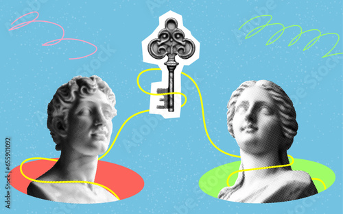 relationship key concept template design with male and female sculptures retro grunge dotted halftone vector cutout collage elements on blue background