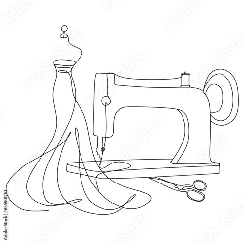 Sewing machine one line art. Continuous line drawing of sewing machine vector illustration.
