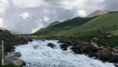 Small mountain river with crystal clear water. Water flows over the stones overgrown. Kyrgyzstan photo