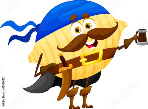 Cartoon conchiglie italian pasta pirate character. Italy cuisine meal filibuster comical personage, pasta buccaneer or conchiglie privateer isolated vector cute mascot with beer tankard and saber